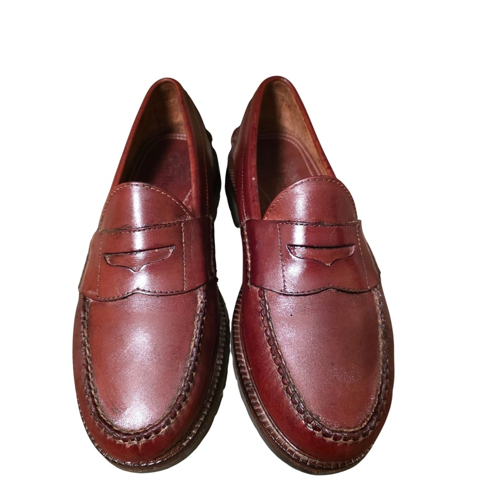 LL Bean Mens Burgundy Leather Penny Loafers Vibram Lug Sole 9 D OVJ16